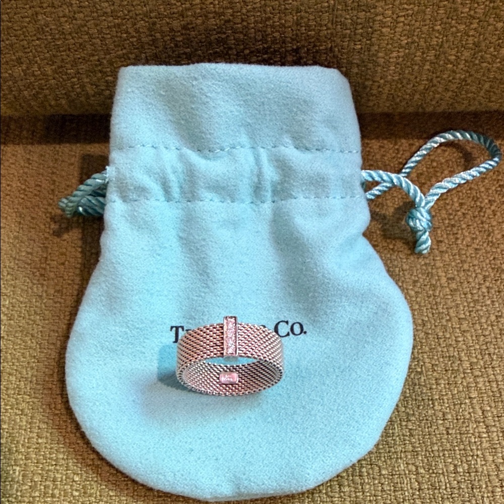 Tiffany & Co. AUTHENTIC Silver Mesh Ring with Diamond Bar - Picture 2 of 6